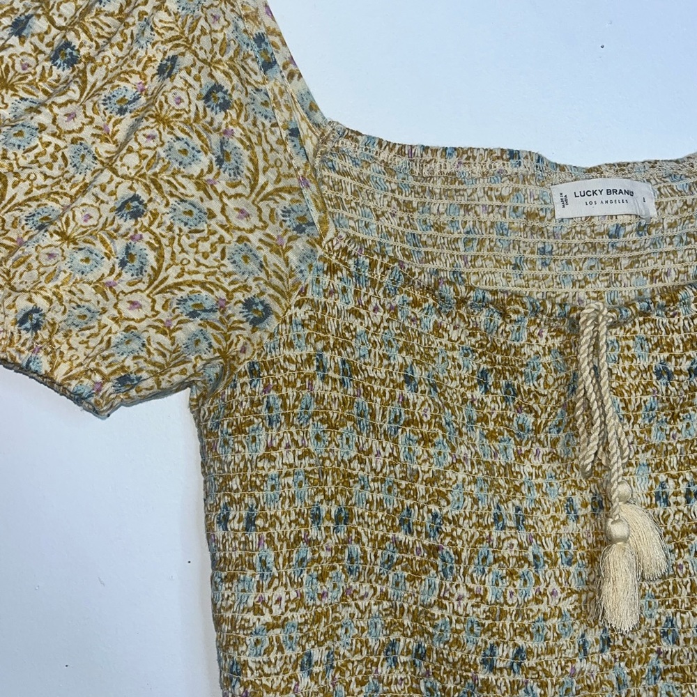 Lucky Brand 100% Cotton Floral Smocked Square Neck Top Women’s Size Large - Picture 6 of 9